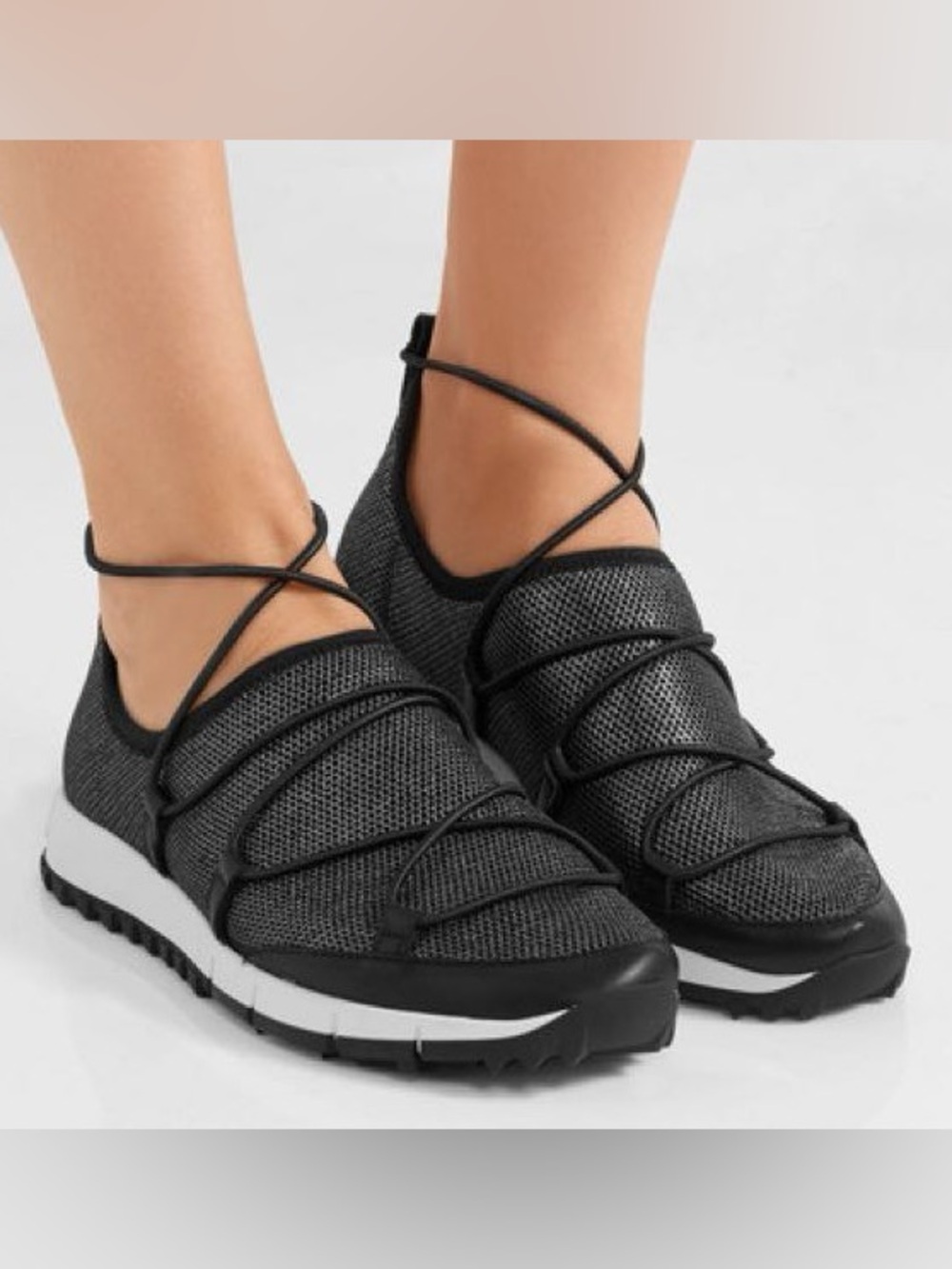 JIMMY CHOO Women's Metallic Black Elastic Lace-Up Slip-On “Andrea” Sneakers